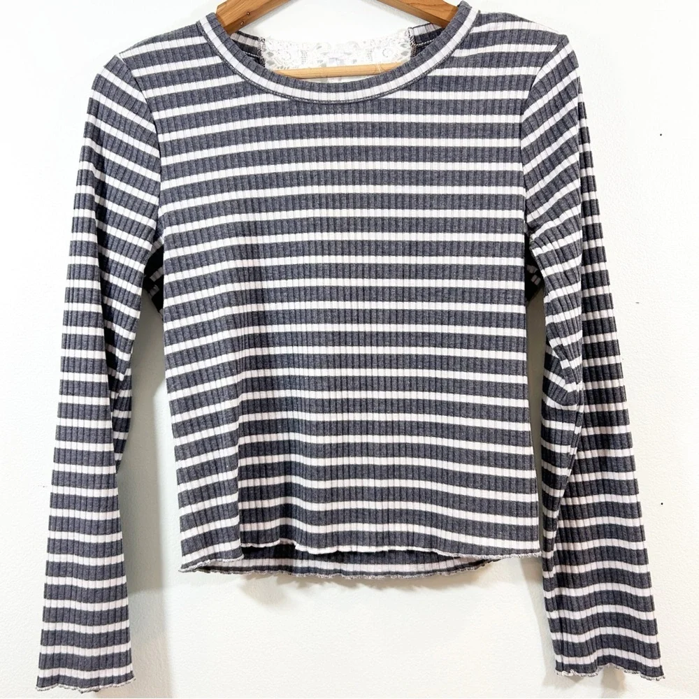 American Rag Cie Lace Up Tie Ribbed Blue White Stripe Long Sleeve Stretch Top L